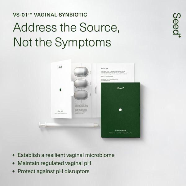 A high-contrast, clinical product layout showcasing the VS-01 Vaginal Synbiotic system against a sterile, neutral backdrop.